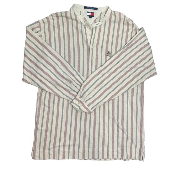 Vintage Tommy Hilfiger Shirt Adult XL Beige Red Button Up Vertical Stripes Mens - Picture 1 of 8